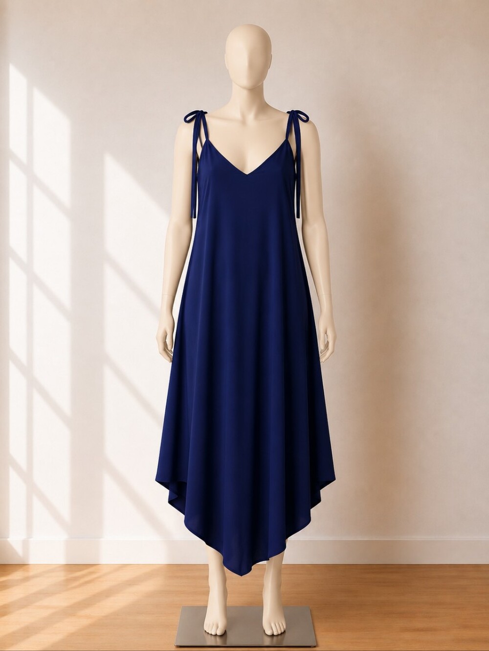 Navy Blue Tie-Shoulder Handkerchief Hem Dress